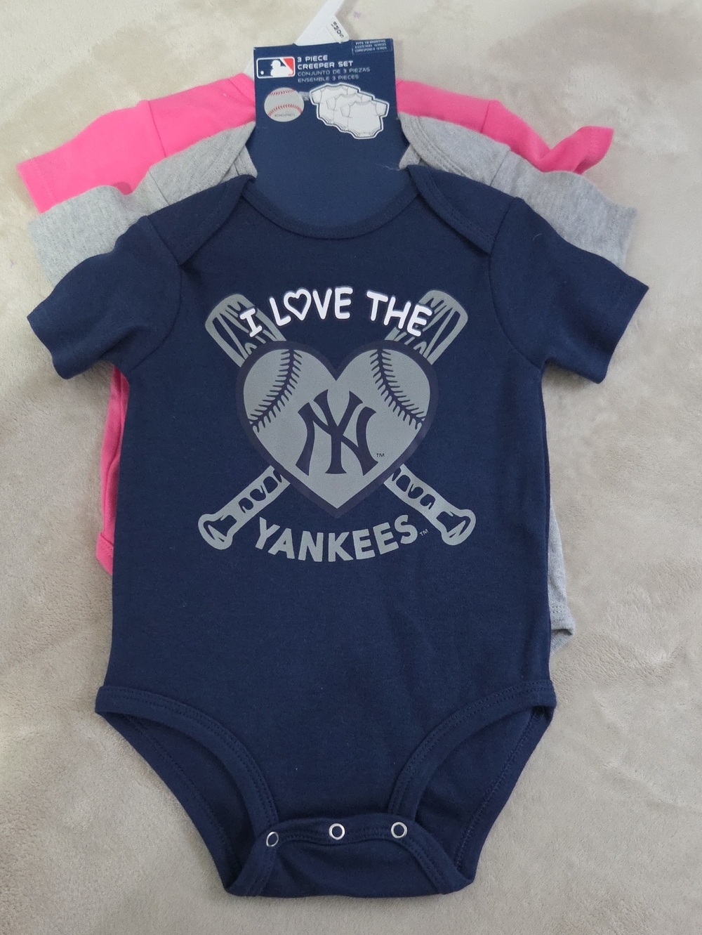 MLB Yankees Navy Baby One-Piece Bodysuit with Gray & Pink Set